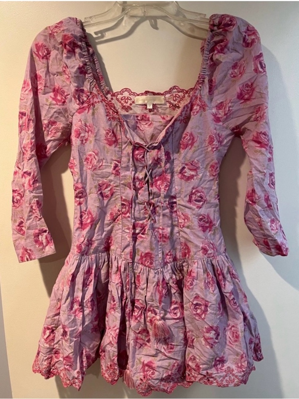 LoveShackFancy Pink Lavender Floral Lace-Trim Dress